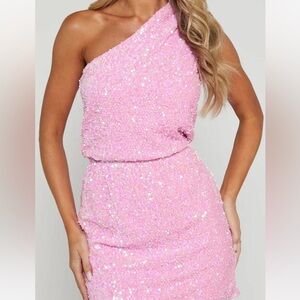 Showpo Pink Sequin One-Shoulder Dress
